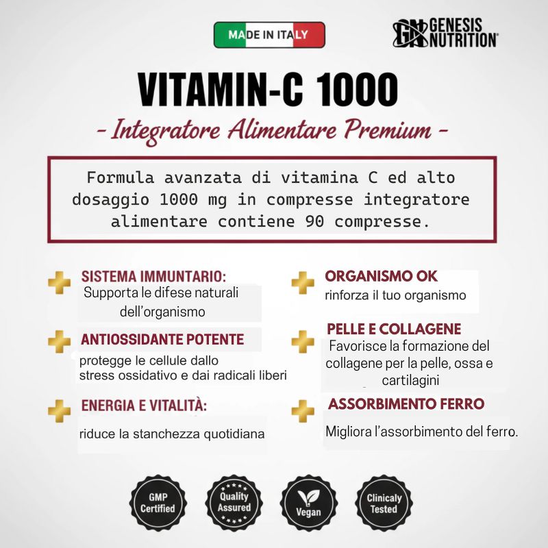 Vitamina C 1000mg - 90 Compresse con Rosa Canina | Genesis Nutrition