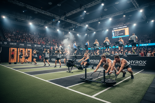 Atleta durante una competizione Hyrox con esercizi funzionali e corsa