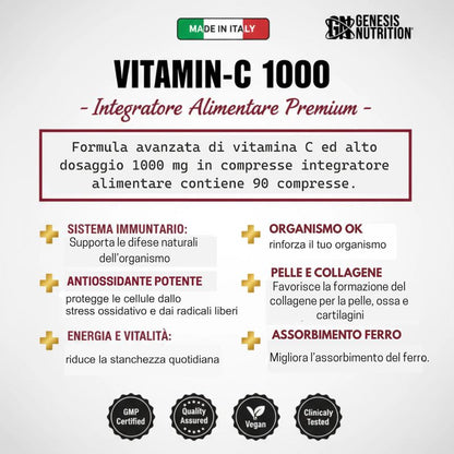 Vitamina C 1000mg - 90 Compresse con Rosa Canina | Genesis Nutrition
