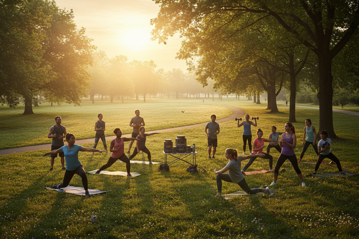 un immagine che rappresenti lo sport e la integrazione giusta utilizza magari un sfondo con il sole e dell persone che si allenano all'aperto in un parco 